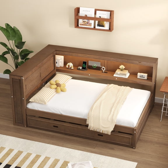 Full Size Wood Daybed with Storage Shelves, USB Charging & LED Lights, Solid Wood Daybed Frame with Twin Trundle, No Box Spring Needed for Guest Room Dormitory, Wood