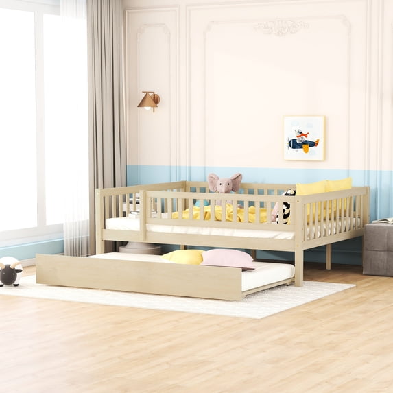 Full Size Wood Daybed With Trundle And Protective Fence Guardrails - Natural. Ensures A Comfortable Rest. Space. No Box Spring Natural Reliable Size. Offers Sleep Environment. Construction. Easy