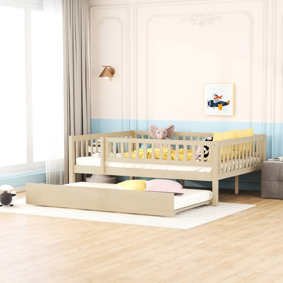 Full Size Wood Daybed With Trundle And Protective Fence Guardrails - Natural. Ensures A Comfortable Rest. Space. No Box Spring Natural Reliable Size. Offers Sleep Environment. Construction. Easy