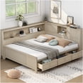 thumbnail image 1 of Full Size Wood Daybed with Storage Shelves and 3 Drawers, Farmhouse Style Bed Frame with Sliding Doors, Antique White Finish, 1 of 10