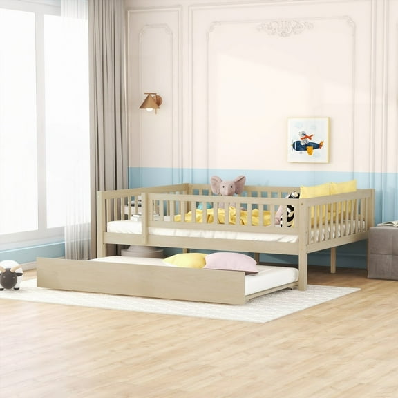 Full Size Wood Daybed with Trundle & Fence Guardrails, Offering Safety & Storage