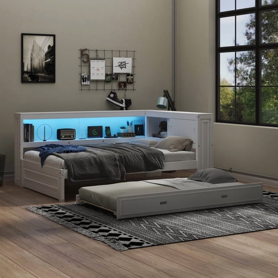 Full Size Wood Daybed with Twin Size Trundle, Storage Bed Frame with Shelves & Cabinets, Sofa Bed with LED Light and Charge Station
