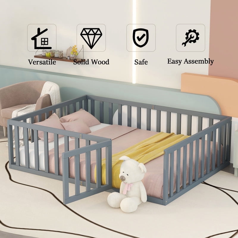 Full Size Wood Floor Bed with Door & Fence, Montessori Bed Frame with Full Length Safety Guardrails, Wood Full Bed with Slats, -No Box Spring NeededGray