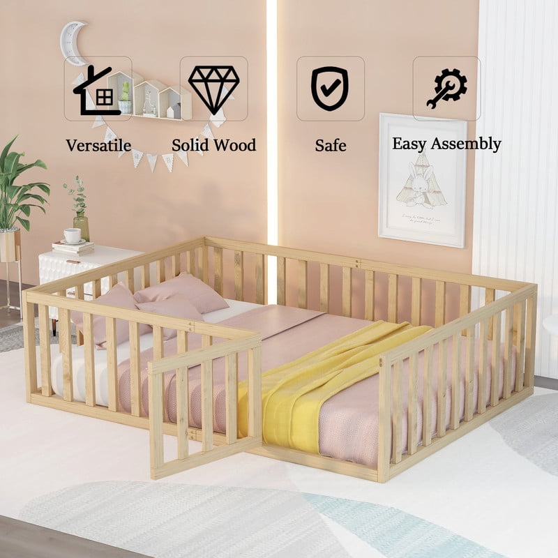 Full Size Wood Floor Bed with Door & Fence, Montessori Bed Frame with Full Length Safety Guardrails, Wood Full Bed with Slats, No Box Spring Needed- Natural
