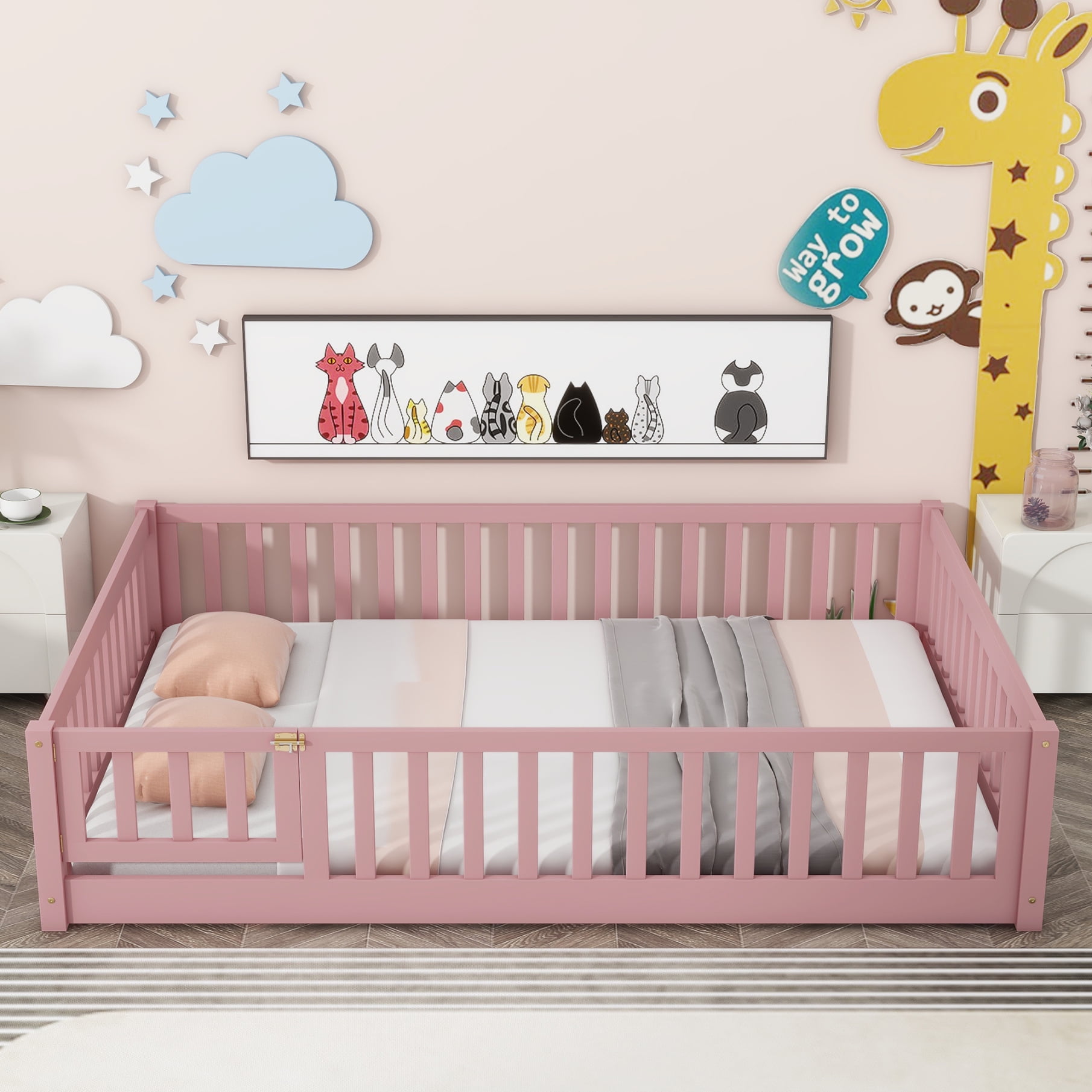 Full Size Wood Floor Bed for Kids, Full Montessori Bed Frame with Fence