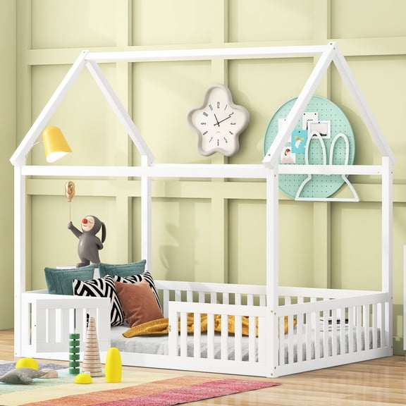 Full Size Wood House Bed With Fence, Door In White And Modern Look Graceful Decoration