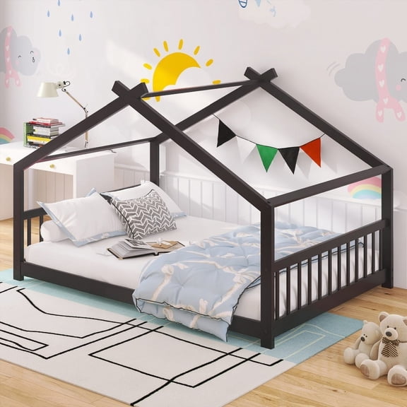 Full Size Wood House Bed in Espresso - Sturdy & Fun