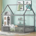 thumbnail image 1 of Full Size Wood House Bed with Fence and Door, Wooden Bedframe with Roof for Teens, Boys or Girls, Gray, 1 of 9