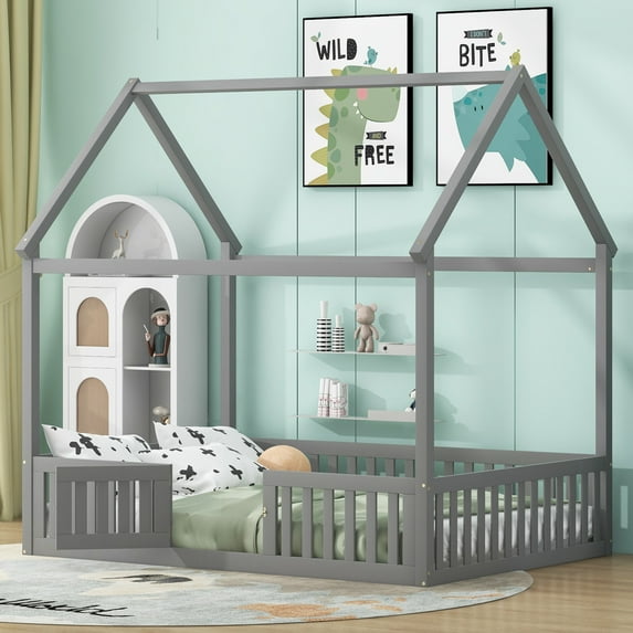 Full Size Wood House Bed with Fence and Door, Wooden Bedframe with Roof for Teens, Boys or Girls, Gray