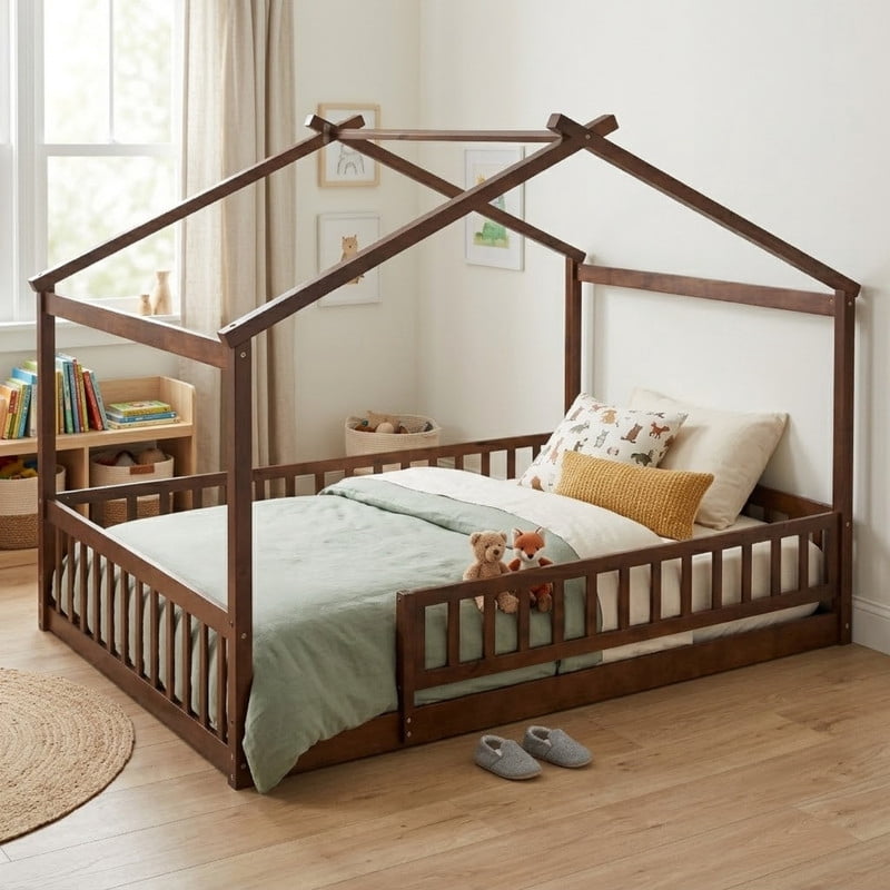 Full Size Wood House Bed with Fence and Roof Frame, Kids Floor Montessori Bed with Safety Guardrails, Sturdy Pinewood Playhouse Bed for Boys Girls