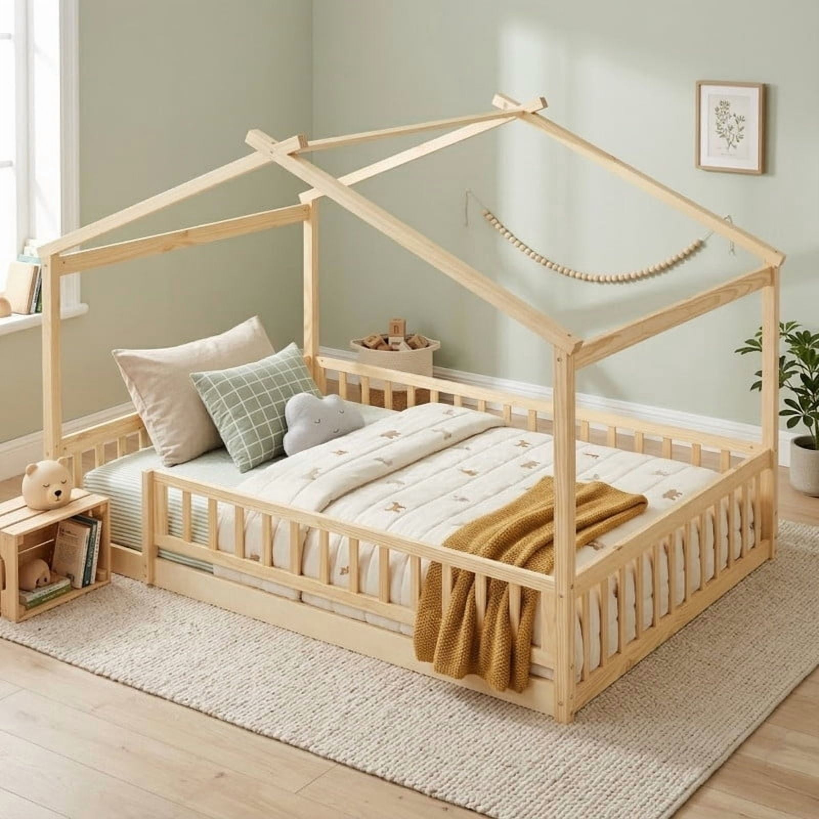 Full Size Wood House Bed with Fence and Roof Frame, Kids Floor Montessori Bed with Safety Guardrails, Sturdy Pinewood Playhouse Bed for Boys Girls