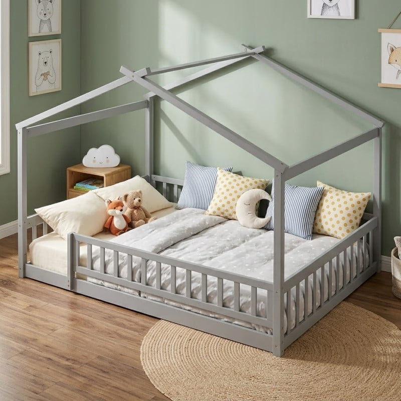 Full Size Wood House Bed with Fence and Roof Frame, Kids Floor Montessori Bed with Safety Guardrails, Sturdy Pinewood Playhouse Bed for Boys Girls