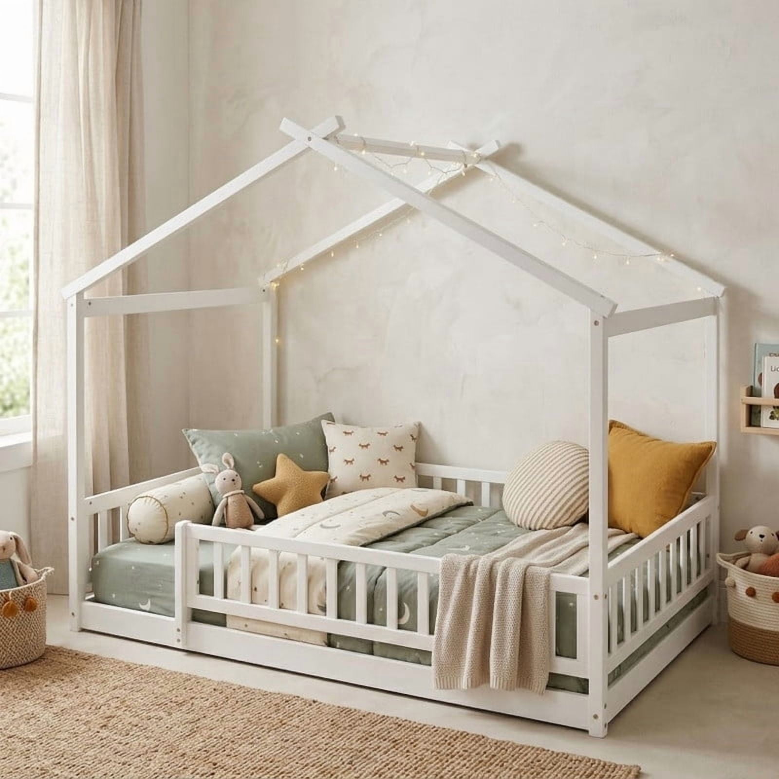 Full Size Wood House Bed with Fence and Roof Frame, Kids Floor Montessori Bed with Safety Guardrails, Sturdy Pinewood Playhouse Bed for Boys Girls