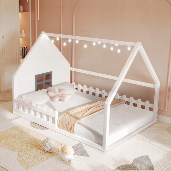 Full Size Wood House Bed with Window, Fence & LED Light, White