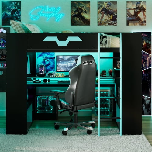 Full Size Wood Loft Bed with Desk & RGB Lights, Gaming Loft Bed with Power Outlet & USB/Type-C Ports, Integrated Cable Management, Storage Shelves for Teens Adults,Blue