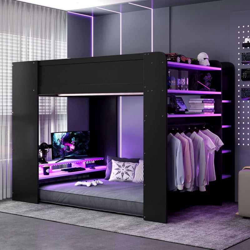 Full Size Wood Loft Bed with Desk, Wardrobe and Storage, Height Adjustable Gaming Loft Bed with USB Charging Port, RGB LED Light Strip, PC Tower Space and Shelves for Bedroom