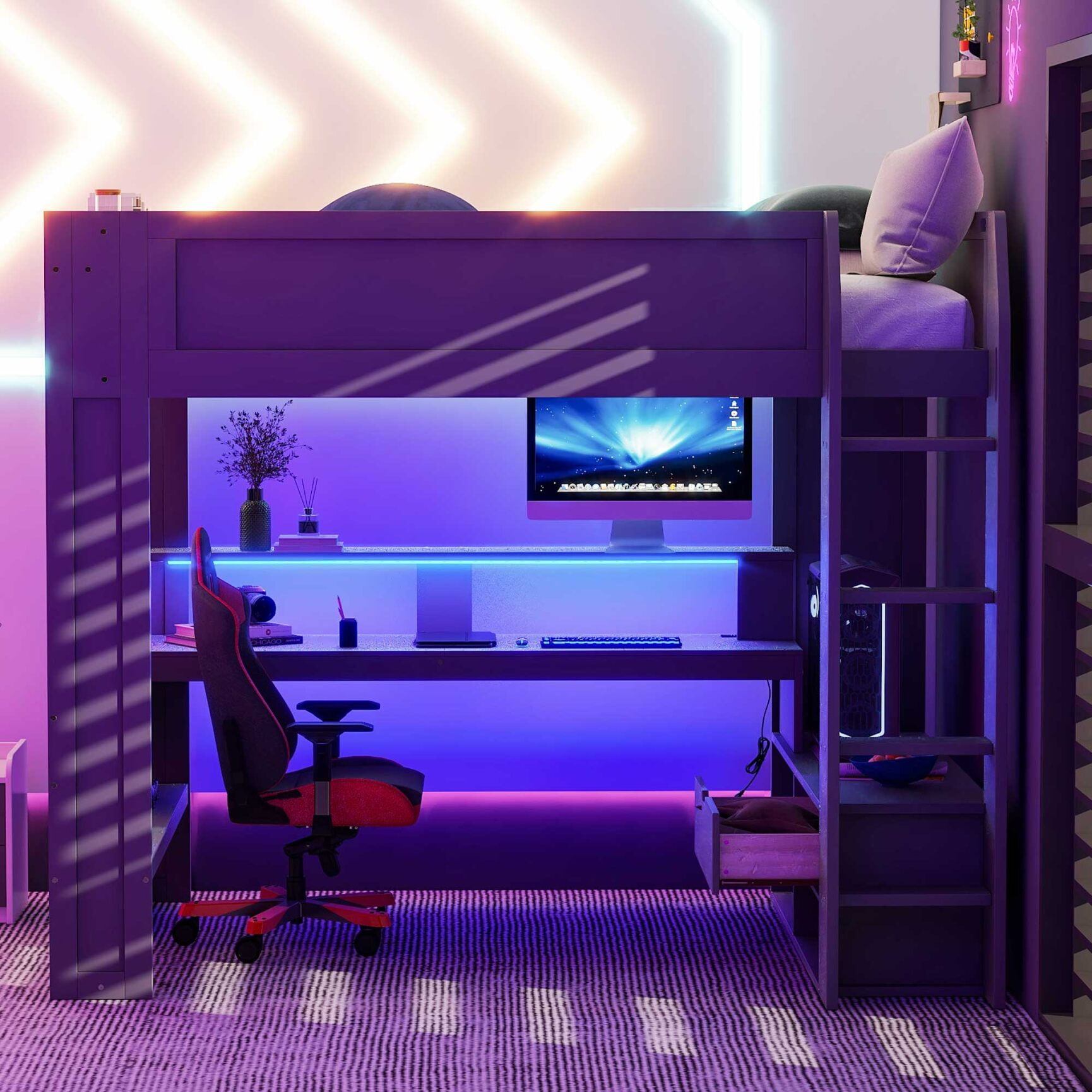 Full Size Wood Loft Bed with Gaming Desk, High Loft Bed Frame with LED