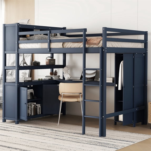 Full Size Wood Loft Bed with L-Shaped Desk and Wardrobe, Loft Bed Frame ...