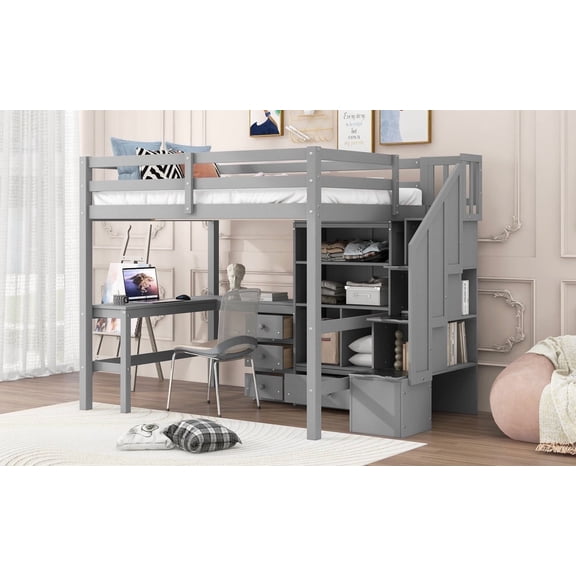 Mirightone Full Size Wood Loft Bed, Multifunctional Full Bed Frame with L-Shaped Desk and Drawers, Cabinet and Storage Staircase, Gray