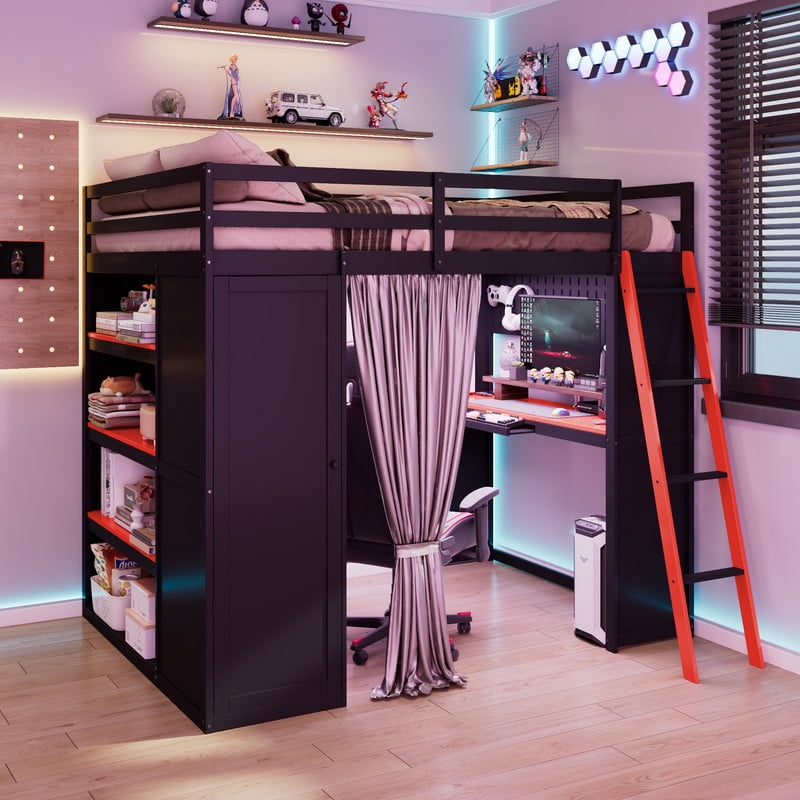 Full Size Wood Loft Bed with Wardrobe, Desk, Shelves, Blackout Curtains & RGB LED Lights, Space-Saving Gaming Loft Bed Frame with Storage Cabinet and Workstation for Teens & Adults