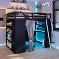 thumbnail image 1 of Full Size Wood Loft Bed with Workstation, Gaming Loft Bed with Desk, Wardrobe, Shelves, Blackout Curtains & RGB Lights – Space-Saving Multifunctional Furniture for Dorm, or Apartment, Black+Blue, 1 of 9