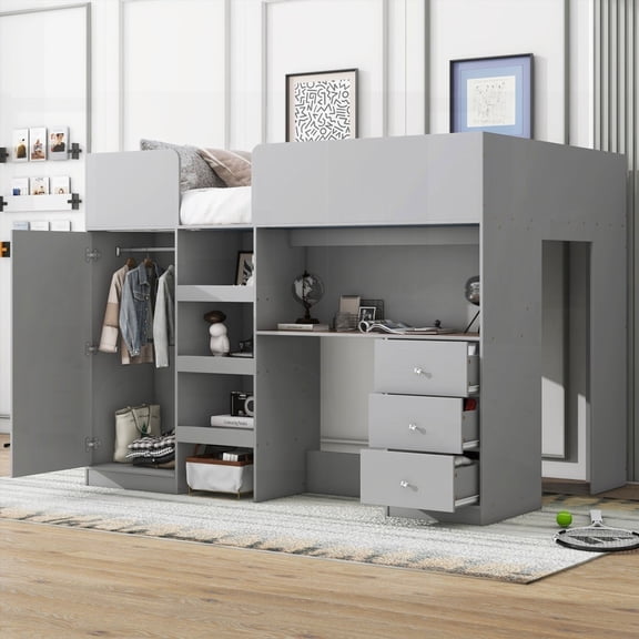 Full Size Wood Loft Bed including Built-in Wardrobe, Desk & Multiple Storage - Grey