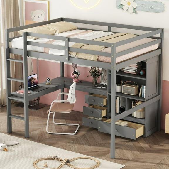 Full Size Wood Loft Bed with Desk and Built-in Ladder, Wooden High Loft Bed with Storage Shelves, Drawers & Guardrails for Teens and Adults, Grey