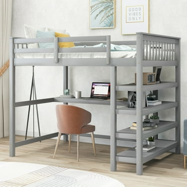 Full Size Wood Loft Bed with Desk and Shelves, Storage Shelves and Under Bed Desk, Solid Wood Bed with Fence, Gray