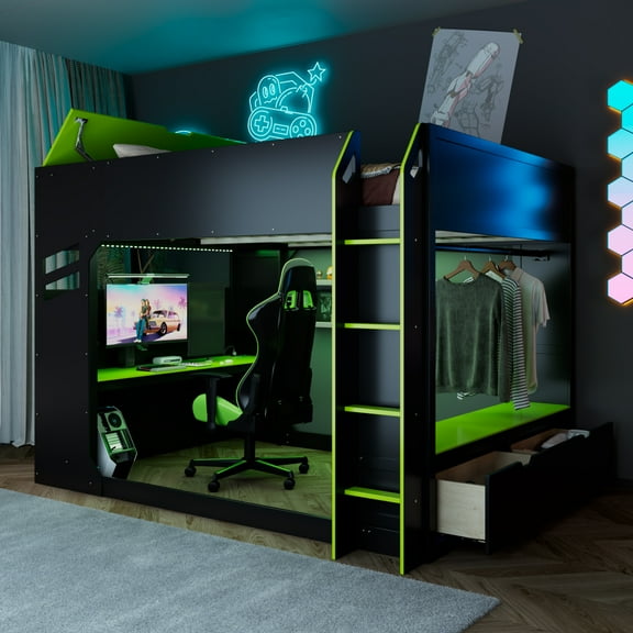 Full Size Wood Loft Bed with Height-adjustable Desk,Drawers,Storage Compartments,Hanging Rod and RGB Lights,Green