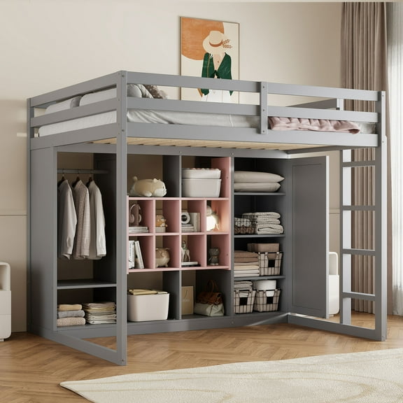 Full Size Wood Loft Bed with Wardrobe, Solid Wood Loft Bed Frame with Storage Shelves and Cabinet, Space Saving Design, for Bedroom, Dorm, Pink+Grey