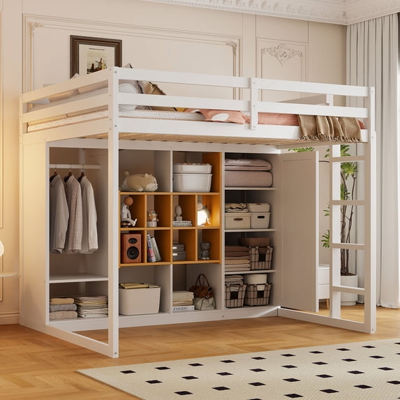Full Size Wood Loft Bed with Wardrobe, shelves and Cabinet, White+Yellow