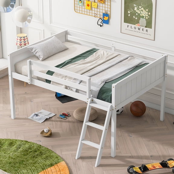 Full Size Wood Low Loft Bed with Convertible Ladder for Teens, Space Saving Loft Bed Frame with Safety Guardrails, Solid Pine Wood + MDF, White