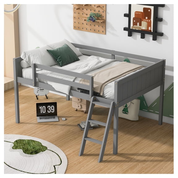 Full Size Wood Low Loft Bed with Ladder, ladder can be placed on the left or right, Gray