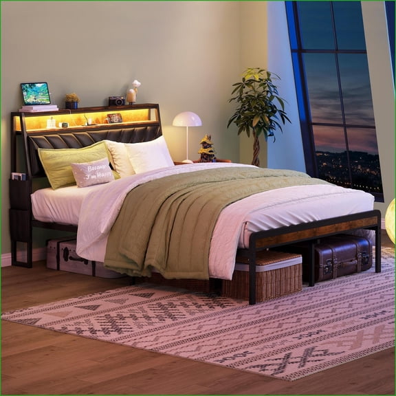 Full Size Wood & Metal Platform Bed Frame with 105 Tilted Upholstered Headboard, RGB LED Lights, Charging Station, Noiseless, Black & Brown