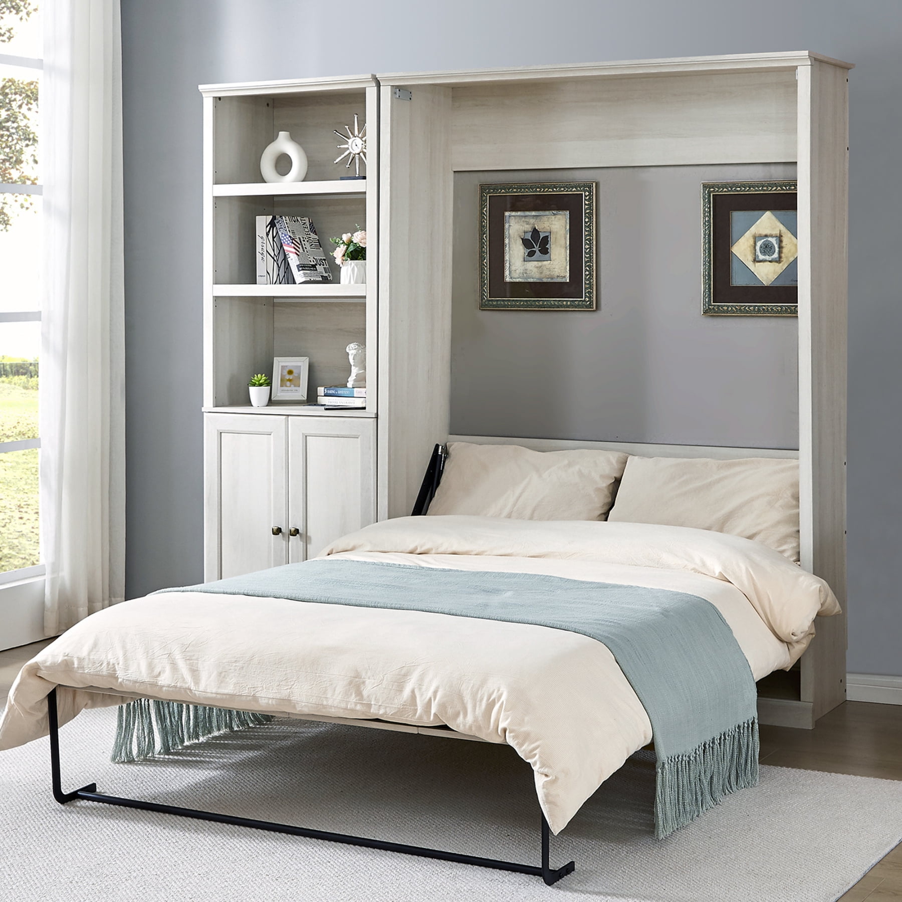 Full Size Wood Murphy Bed with 1 Side Cabinet Storage Shelf, Dual ...