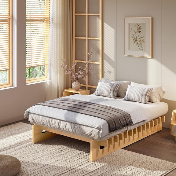 Full Size Wood Platform Bed Frame - Easy Assembly in Minutes - Low Profile Platform Bed Frame Without Headboard, No Box Spring Needed, Noise-Free, Mortise and Tenon Structure, Natural