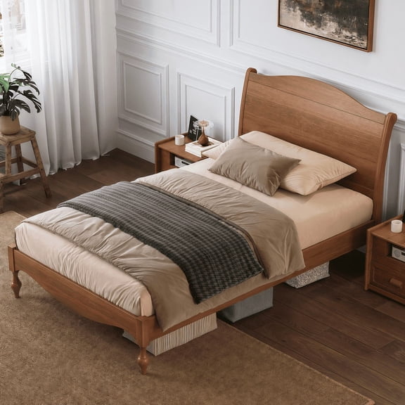 Full Size Wood Platform Bed Frame with Headboard, Vintage Platform Bed with Traditional Arched Headboard and Footboard, Mid-Century Modern Farmhouse Bed for Living Room, Easy Assembly, Light Walnut
