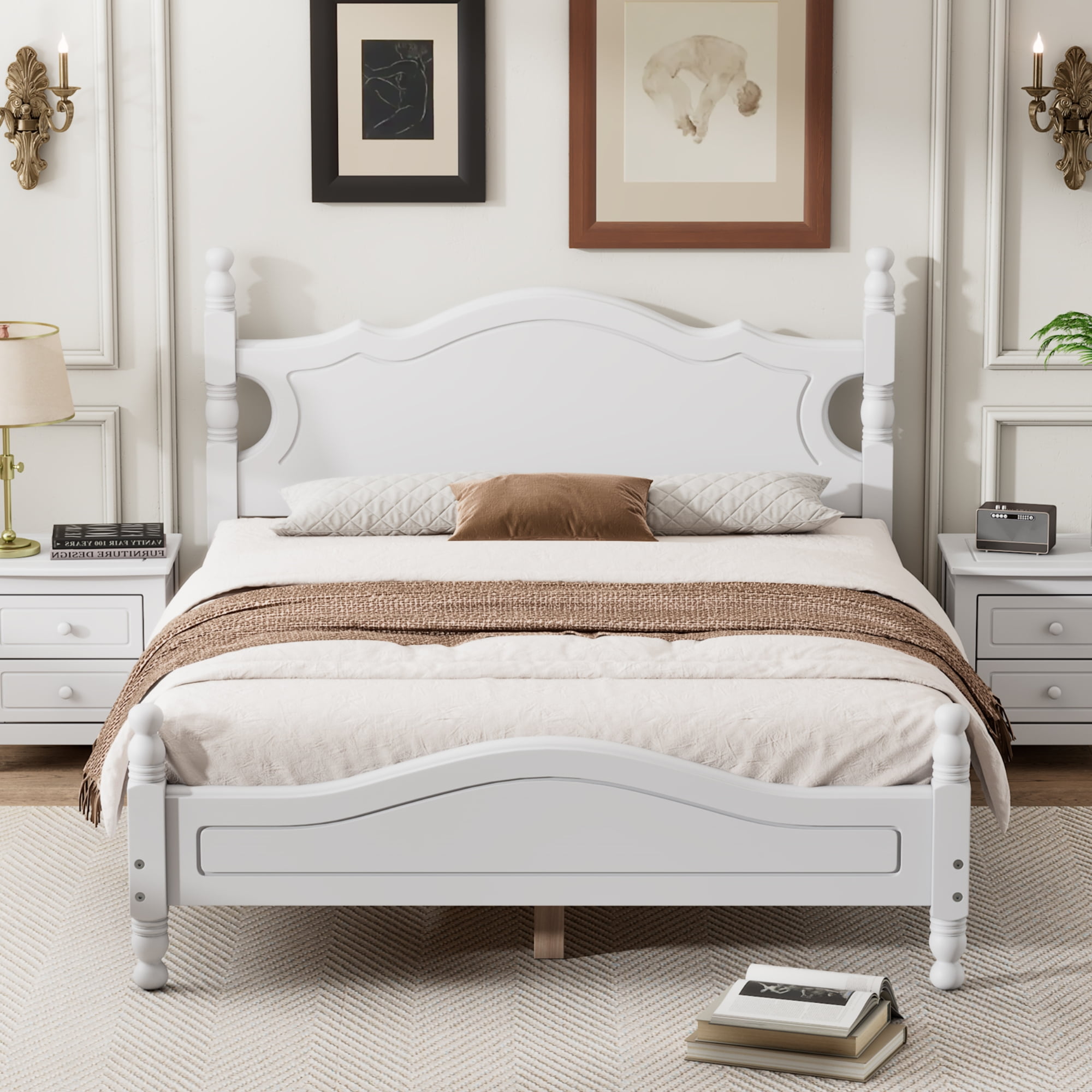 Full Size Wood Platform Bed Frame Retro Style Bedframe with Wooden Slat Support for a Timeless