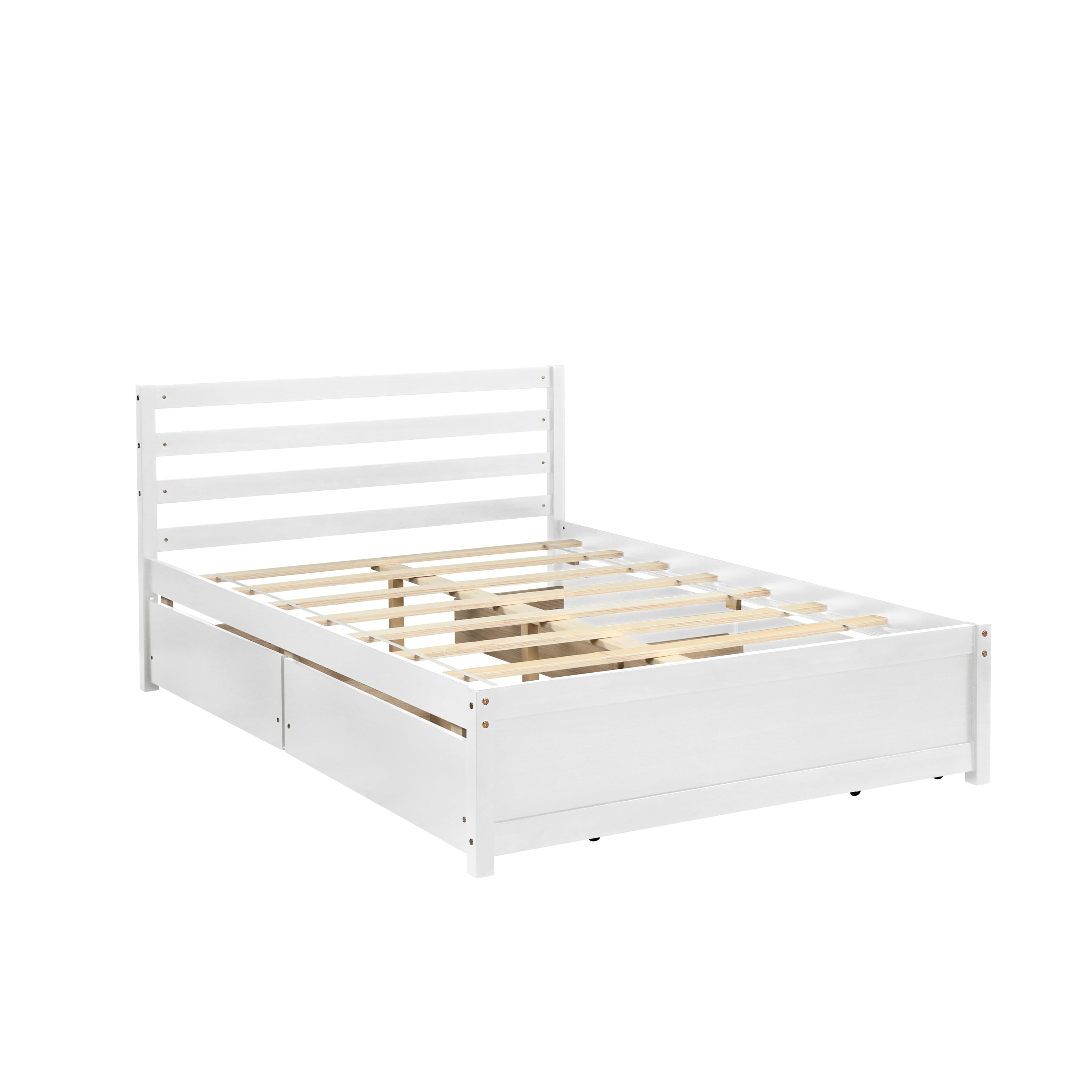 White Full Size Pine Wood Platform Bed with Storage Drawers