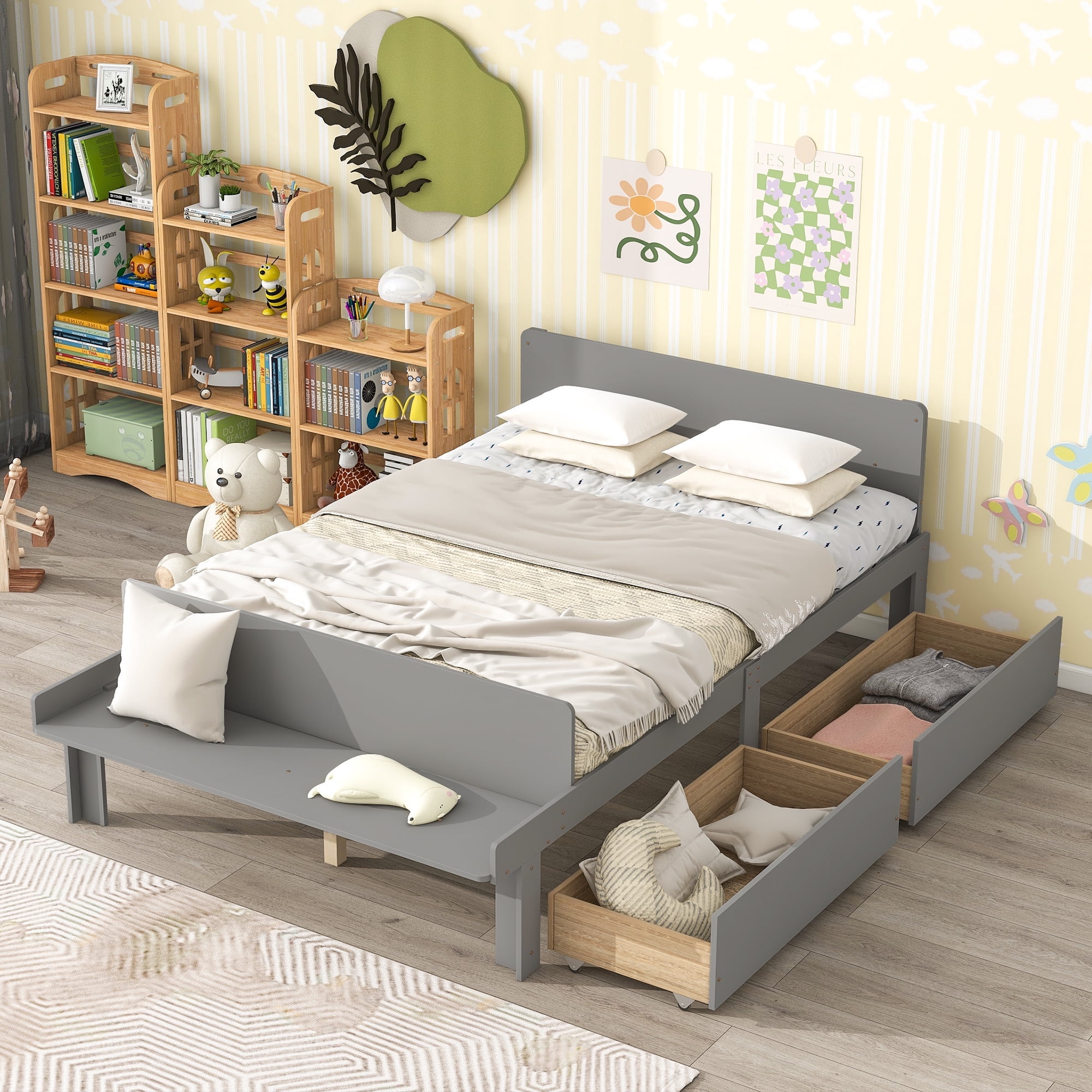 Full Size Wood Platform Bed Frame with Footboard Bench and 2 Drawers for Girls and Boys, Bedroom