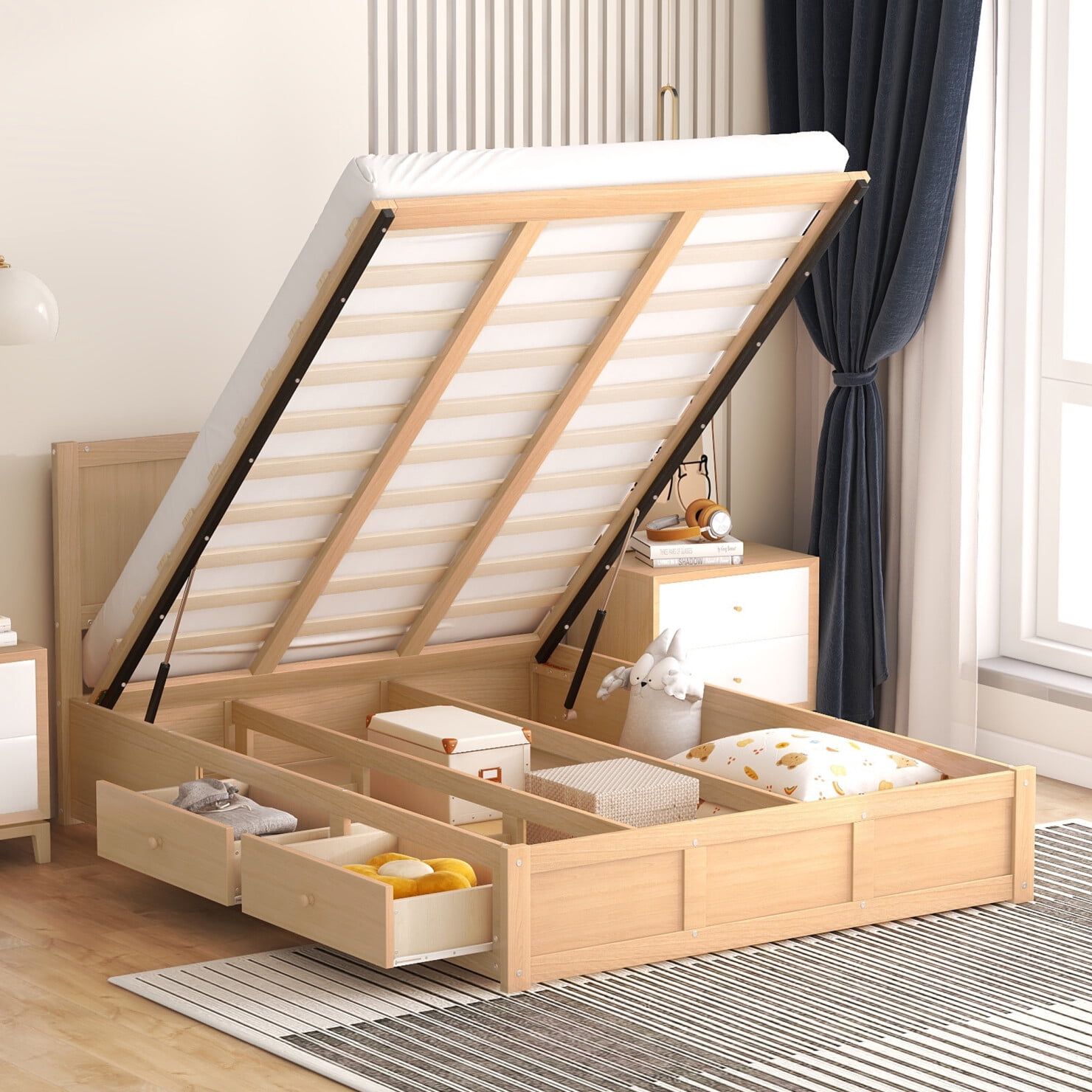 Triple Tree Lift-Up Platform Bed with Underbed Storage and 2 Drawers Standard Bed Frame, Full Size