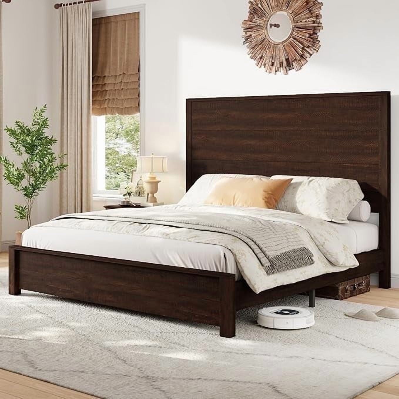 VanAcc Full Size Wood Platform Bed, Rustic Bed Frame with 51.2" Tall Slatted Headboard, Wooden Slats & Metal Support, Noise Free, Dark Brown