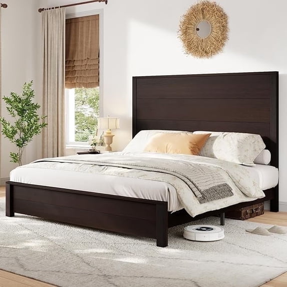 VanAcc Full Size Wood Platform Bed, Rustic Bed Frame with 51.2" Tall Slatted Headboard, Wooden Slats & Metal Support, Noise Free, Espresso