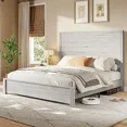thumbnail image 1 of VanAcc Full Size Wood Platform Bed, Rustic Bed Frame with 51.2" Tall Slatted Headboard, Wooden Slats & Metal Support, Noise Free, Rustic White, 1 of 7