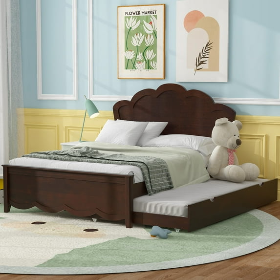 Full Size Wood Platform Bed With Headboard And Twin Size Trundle, Cappuccino (Expected Arrival Time: 7.19)