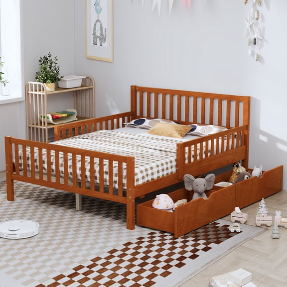 Full Size Wood Platform Bed with Double-Side Guardrails & Two Storage Drawers - White