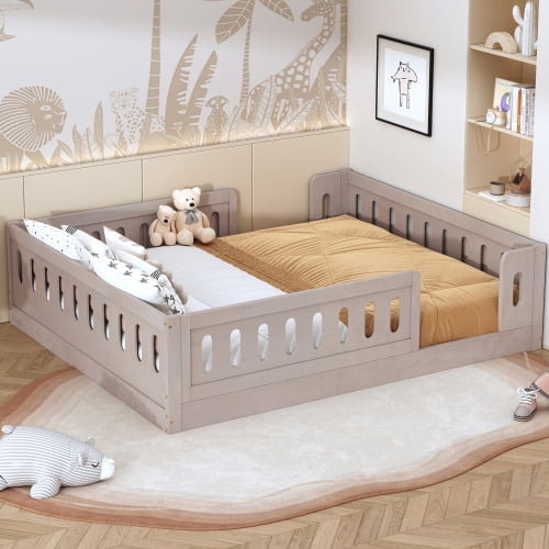 Full Size Wood Platform Bed with Guardrail, Low-Profile Solid Pine Bed Frame for Bedroom, No Box Spring Needed, Natural