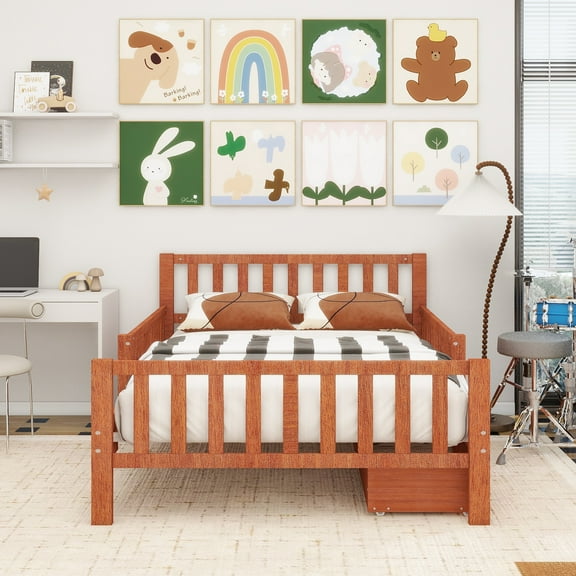 Full Size Wood Platform Bed with Guardrails on Both Sides and Two Storage Drawers, Walnut