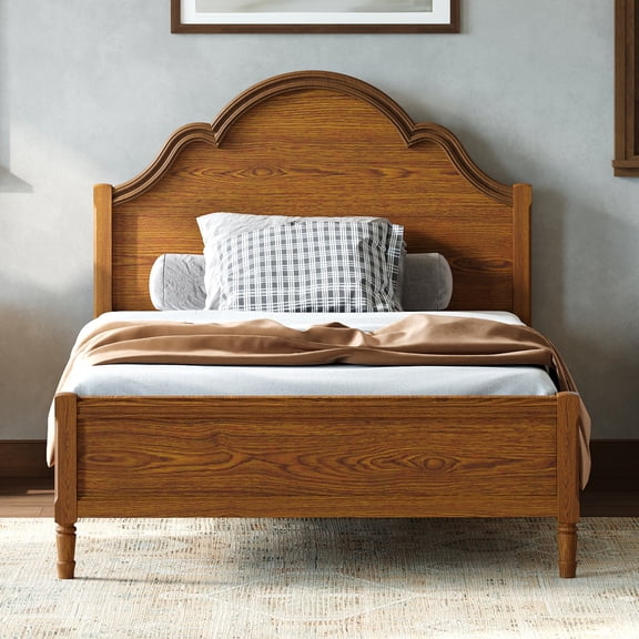 Full Size Wood Platform Bed with Headboard & Footboard, Arch-Top Design, Solid Pine Construction, Slatted Base, No Box Spring Needed, Walnut