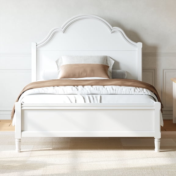 Full Size Wood Platform Bed with Headboard & Footboard, Arch-Top Design, Solid Pine Construction, Slatted Base, No Box Spring Needed, White